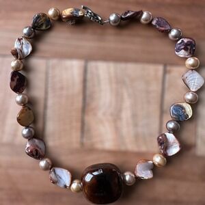 Statement Pendant Necklace 18 Inch Faux Pearl Abalone Shell Bead Crystal Ceramic